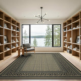 Beige Checkered Rug with Black Greek Key Borders