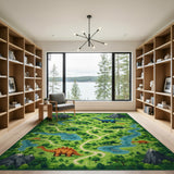 ODIKA Washable Dinosaur Adventure Map Kids Play Rug - Low Pile & Non-Slip