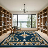Navy Blue Ornate Baroque Border Area Rug