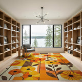 ODIKA Washable Mid-Century Modern Retro Floral Rug, Low Pile Non-Slip Area Rug