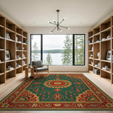 Ornate Green Persian Sunburst Medallion Rug