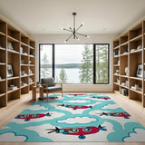 Cartoon Red Airplane Clouds Area Rug