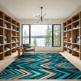 Layered Teal Chevron Geometric Area Rug