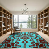 Teal Persian Area Rug with Maroon Floral Motifs
