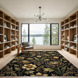 Opulent Gold Chrysanthemum Tulip Area Rug on Black