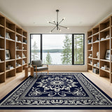 Navy Blue Ornate Floral Medallion Area Rug