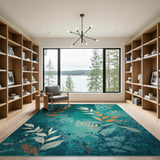 Teal Leaves Berries Floral Area Rug