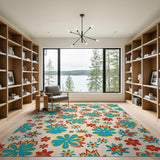 Vibrant Teal Red Floral Pattern Area Rug