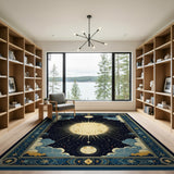 Ornate Celestial Sunburst Area Rug with Moons Stars