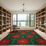 Festive Red Poinsettia Teal Area Rug
