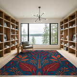 Teal Rust Fern Leaf Floral Area Rug