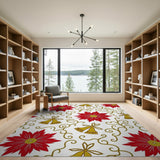 Festive Red Poinsettia and Gold Bells Area Rug
