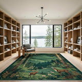 Emerald Forest Deer Birch Trees Area Rug