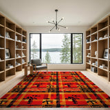 Fiery Red Plaid Rug with Bold Tribal Glyphs