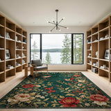 Emerald Green Vintage Floral Bird Rug