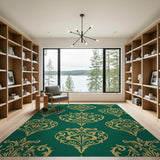 Emerald Green Gold Damask Area Rug