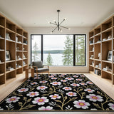 Pink Blossom Floral Black Area Rug