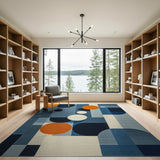 Abstract Blue Geometric Area Rug with Orange Circles