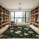 Elegant White Blossom Floral Area Rug on Black