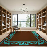 Ornate Teal Border Chocolate Area Rug