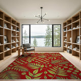 Vibrant Red Fern Leaf Area Rug with Spirals