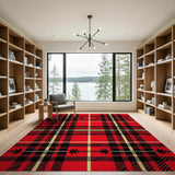 Bold Red Plaid Area Rug with Cannabis Leaves
