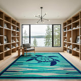 Teal Sea Turtle Wave Coastal Area Rug