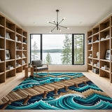 Teal Ocean Pier Crashing Waves Area Rug