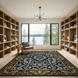 Ornate Grey Floral Black Rug with Gold Frame