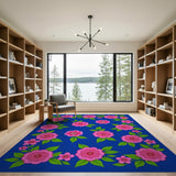 Vibrant Pink Floral Blue Area Rug
