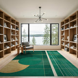 Emerald Green Gold Geometric Grid Area Rug
