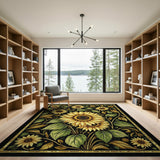 Golden Sunflower Medallion Black Area Rug