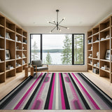 Vibrant Pink Black Grey Striped Geometric Area Rug