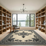 Ornate Black Floral Medallion Rug on Beige
