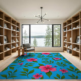 Vibrant Pink Hibiscus on Turquoise Area Rug