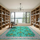 Teal Exotic Floral Motif Area Rug