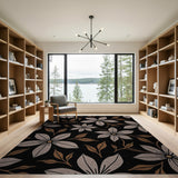 Grey Petal Floral Area Rug on Black