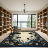 Indigo Birds Golden Moon Floral Area Rug