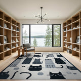 Kids Cartoon Black and White Playful Black Cat Cartoon Area Rug