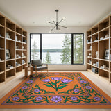Purple Tulips on Vibrant Orange Floral Rug