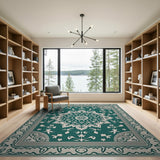 Teal Persian Medallion Area Rug with Floral Motifs
