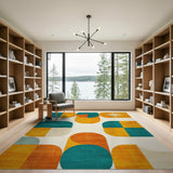 ODIKA Mid-Century Modern Geometric Washable Area Rug, Teal & Mustard