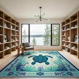 Blue and Teal Teal Sea Turtle Coastal Area Rug