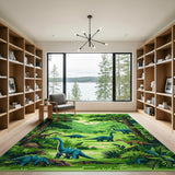 Vibrant Green Dinosaur Jungle Kids Area Rug