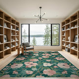 Emerald Green Pink Blossom Floral Area Rug