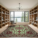 Mint Green Maroon Floral Medallion Area Rug