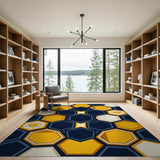 Modern Navy Yellow Hexagon Geometric Area Rug