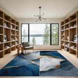 Navy Blue Gold Vein Marble Abstract Area Rug