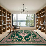Ornate Green Pink Floral Medallion Rug