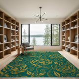 Teal Gold Floral Vine Area Rug
